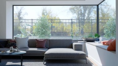 Büyük lüks, modern, parlak iç mekan oturma odası, afiş illüstrasyonu 3D dijital görüntü oluşturan bilgisayar.