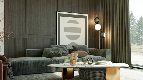 Große Luxus Moderne Helle Innenräume Wohnzimmer Mockup Banner Illustration Rendering — Stockfoto