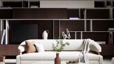 3d video rendering footage contemporary interior design of the living room. Stylish interior of the living room