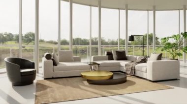 3d video rendering footage contemporary interior design of the living room. Stylish interior of the living room