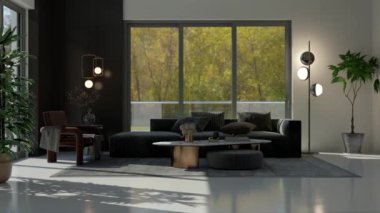 3d video rendering footage contemporary interior design of the living room. Stylish interior of the living room