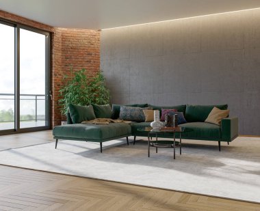 Modern 3D illüstrasyon Banner Rahatlatıcı ve Konforlu Modern Oturma Odası Koltuk Koltukları Windows Halı Kahve Masaları Perdeler ve Kitaplıklar