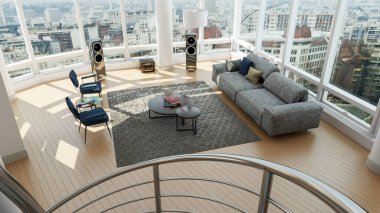 Modern 3D illüstrasyon Banner Rahatlatıcı ve Konforlu Modern Oturma Odası Koltuk Koltukları Windows Halı Kahve Masaları Perdeler ve Kitaplıklar