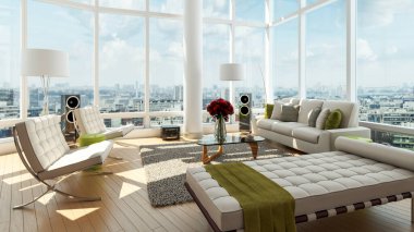 Modern 3D illüstrasyon Banner Rahatlatıcı ve Konforlu Modern Oturma Odası Koltuk Koltukları Windows Halı Kahve Masaları Perdeler ve Kitaplıklar