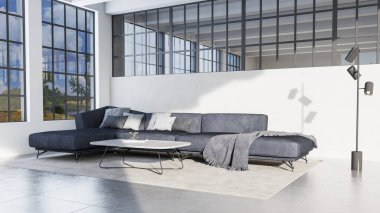 Modern 3D illüstrasyon Banner Rahatlatıcı ve Konforlu Modern Oturma Odası Koltuk Koltukları Windows Halı Kahve Masaları Perdeler ve Kitaplıklar