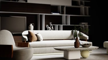 Modern 3D illüstrasyon Banner Rahatlatıcı ve Konforlu Modern Oturma Odası Koltuk Koltukları Windows Halı Kahve Masaları Perdeler ve Kitaplıklar