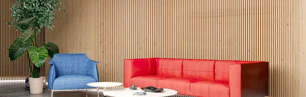 现代3D插图 带沙发 扶手椅 咖啡桌 窗帘和书架的旗帜放松舒适的现代客厅 — 图库照片