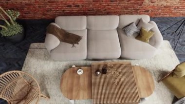 3D video görüntüsü, oturma odasının çağdaş iç tasarımı. Oturma odasının içi çok şık.