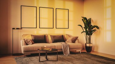 Büyük lüks, modern, parlak iç mekanlar. Oturma odası tasviri. 3D görüntüleme.