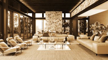 Büyük lüks, modern, parlak iç mekan. Oturma odası, afiş, 3D çizim.