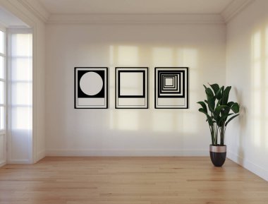 Büyük lüks, modern, parlak iç mekan oturma odası, model pankart, klasik illüstrasyon 3D.