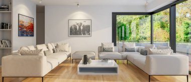 Büyük lüks, modern, parlak iç mekanlar. Oturma odası tasviri. 3D görüntüleme.