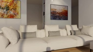 3D video görüntüsü, oturma odasının çağdaş iç tasarımı. Oturma odasının içi çok şık.