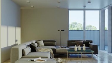 3d video rendering footage contemporary interior design of the living room. Stylish interior of the living room