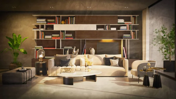 大型豪华现代明亮的室内装饰客厅模仿横幅老式插图3D渲染 — 图库照片