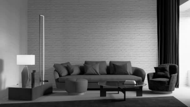 Video Rendering Material Zeitgenössische Innenarchitektur Des Wohnzimmers Stilvolles Interieur Des — Stockvideo