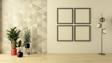 Büyük lüks, modern, parlak iç mekan oturma odası, model pankart, klasik illüstrasyon 3D.