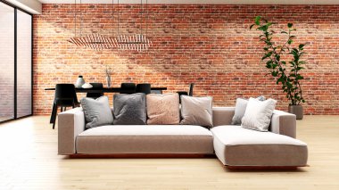 Büyük lüks, modern, parlak iç mekan oturma odası, model pankart, klasik illüstrasyon 3D.