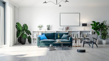 Büyük lüks, modern, parlak iç mekanlar. Oturma odası tasviri. 3D görüntüleme.