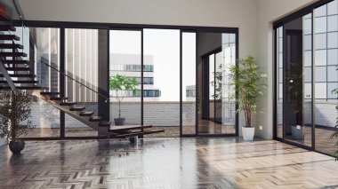 Büyük lüks, modern, parlak iç mekanlar. Oturma odası tasviri. 3D görüntüleme.