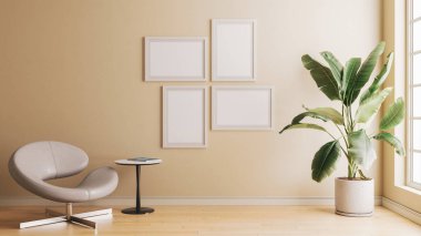 Büyük lüks, modern, parlak iç mekanlar. Oturma odası tasviri. 3D görüntüleme.