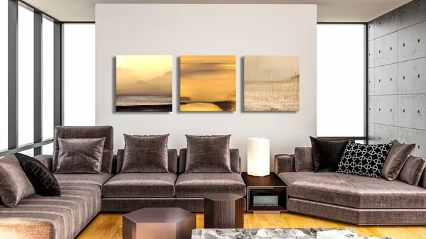 大規模な豪華な近代的な明るいインテリアホームリビングルームモックアップバナーヴィンテージイラスト3Dレンダリング — ストック写真