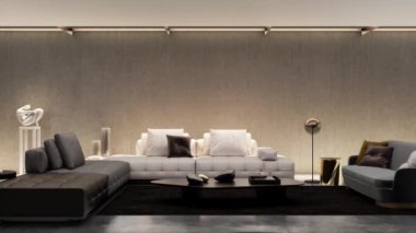 3d video rendering footage contemporary interior design of the living room. Stylish interior of the living room