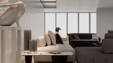 3D video görüntüsü, oturma odasının çağdaş iç tasarımı. Oturma odasının içi çok şık.