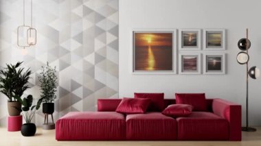 3D video görüntüsü, oturma odasının çağdaş iç tasarımı. Oturma odasının içi çok şık.