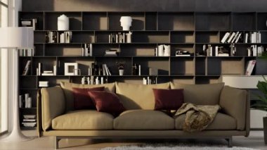 3D video görüntüsü, oturma odasının çağdaş iç tasarımı. Oturma odasının içi çok şık.