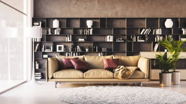 Büyük lüks, modern, parlak iç mekanlar. Oturma odası tasviri. 3D görüntüleme.