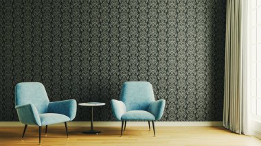 Büyük lüks, modern, parlak iç mekanlar. Oturma odası tasviri. 3D görüntüleme.