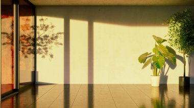 Büyük lüks, modern, parlak iç mekanlar. Oturma odası tasviri. 3D görüntüleme.