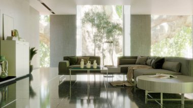 Büyük lüks, modern, parlak iç mekanlar. Oturma odası tasviri. 3D görüntüleme.