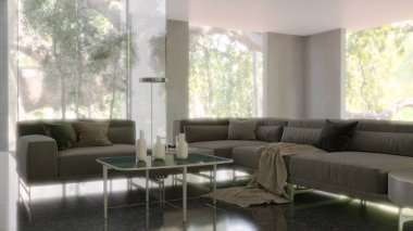 Büyük lüks, modern, parlak iç mekanlar. Oturma odası tasviri. 3D görüntüleme.