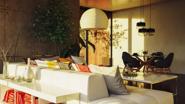 Velký Luxusní Moderní Světlé Interiéry Obývací Pokoj Mockup Ilustrace Vykreslování — Stock fotografie