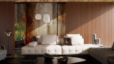 3d video rendering footage contemporary interior design of the living room. Stylish interior of the living room