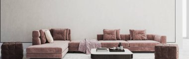 Büyük lüks, modern, parlak iç mekanlar. Oturma odası tasviri. 3D görüntüleme.
