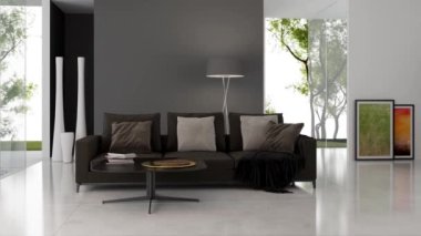 3D video görüntüsü, oturma odasının çağdaş iç tasarımı. Oturma odasının içi çok şık.