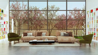 Büyük lüks, modern, parlak iç mekan oturma odası, afiş illüstrasyonu 3D dijital görüntü oluşturan bilgisayar.