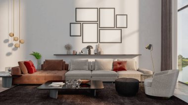 Büyük lüks, modern, parlak iç mekan oturma odası, afiş illüstrasyonu 3D dijital görüntü oluşturan bilgisayar.