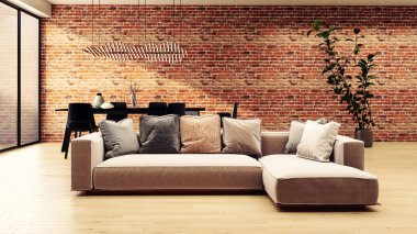 Büyük lüks, modern, parlak iç mekan oturma odası, afiş illüstrasyonu 3D dijital görüntü oluşturan bilgisayar.