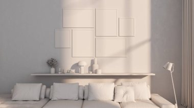 Büyük lüks, modern, parlak iç mekan oturma odası, afiş illüstrasyonu 3D dijital görüntü oluşturan bilgisayar.