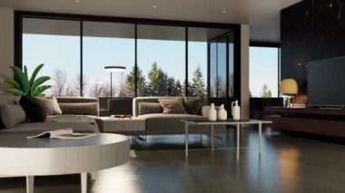 3d video rendering footage contemporary interior design of the living room. Stylish interior of the living room
