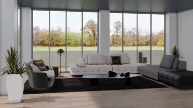 3d video rendering footage contemporary interior design of the living room. Stylish interior of the living room