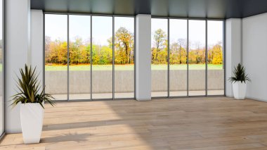 Büyük lüks, modern, parlak iç mekanlar. Oturma odası tasviri. 3D görüntüleme.