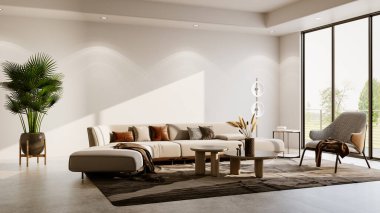 Büyük lüks, modern, parlak iç mekanlar. Oturma odası tasviri. 3D görüntüleme.