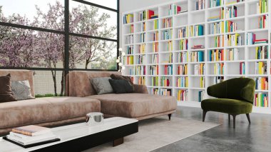 Büyük lüks, modern, parlak iç mekanlar. Oturma odası tasviri. 3D görüntüleme.