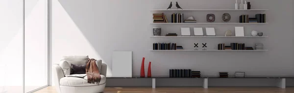 モダンな3Dイラスト バナーソファアームチェア付きリラックスした快適なモダンなリビングルームWindowsラグコーヒーテーブルカーテンと本棚 — ストック写真