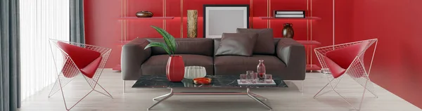 现代3D插图横幅放松舒适的现代客厅 配有沙发扶手椅Windows地毯咖啡桌布和书架 — 图库照片